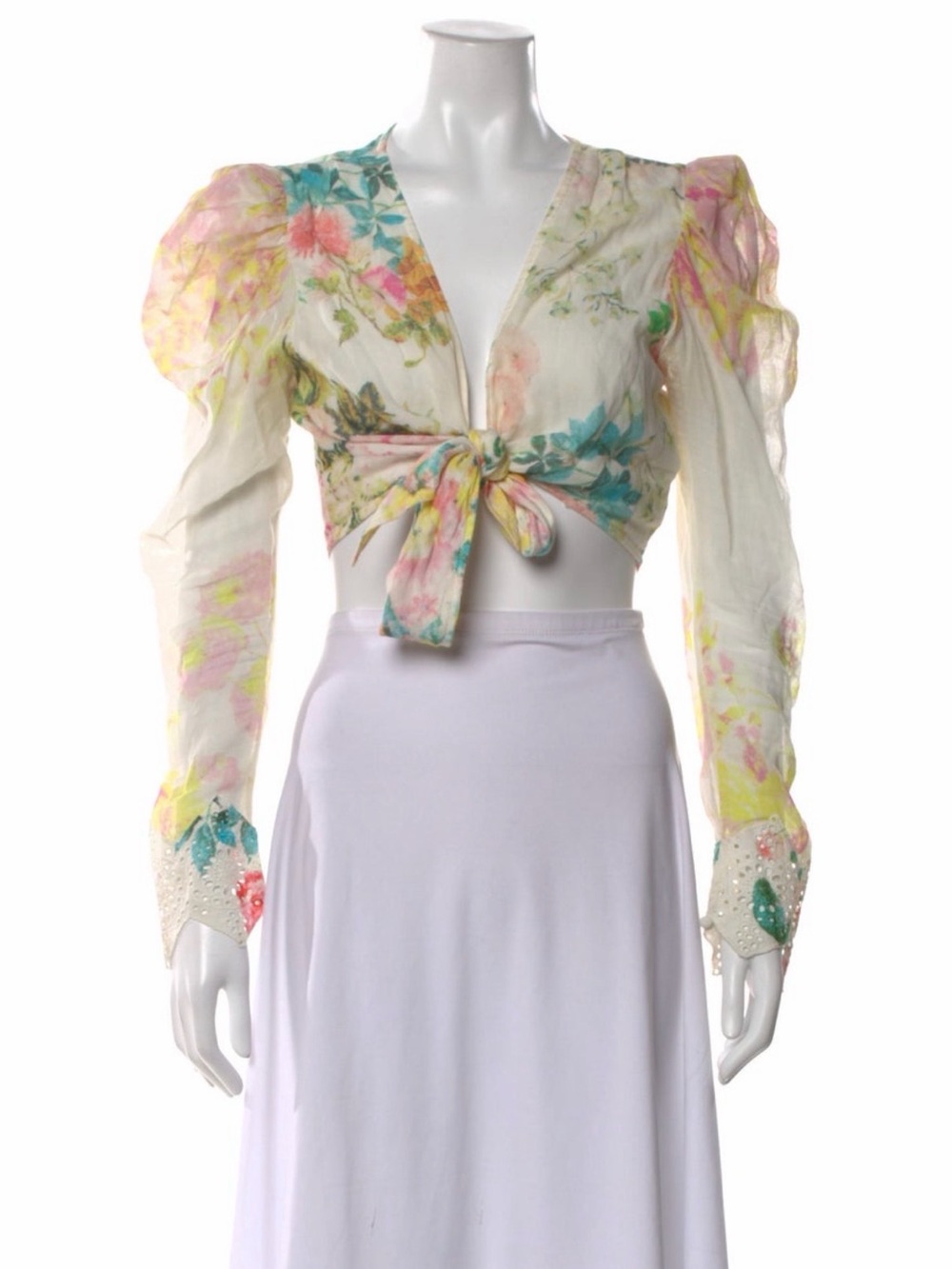 Hemanata & Nandita Floral Tie-Front Puff Sleeve Crop Top - Cream/Pastel